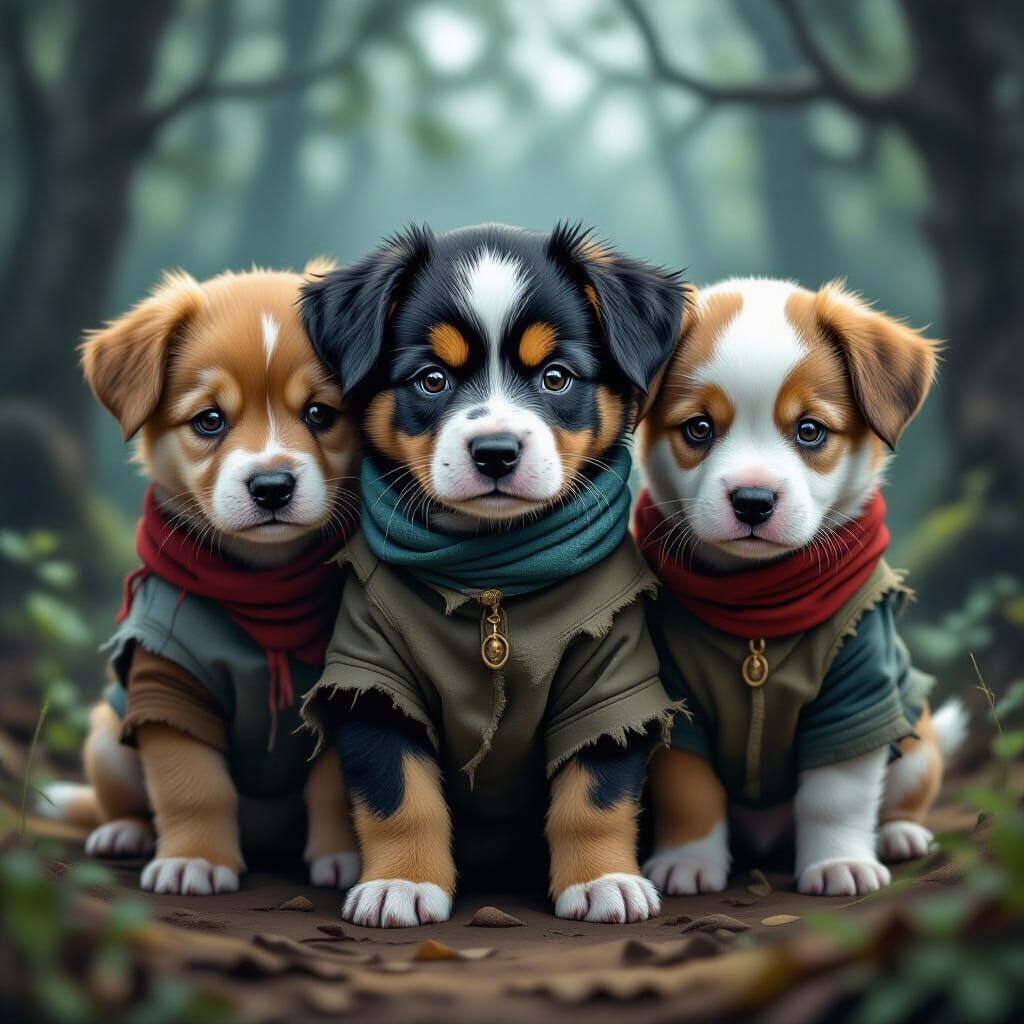 Menacing Puppies in Dark Whimsical Forest