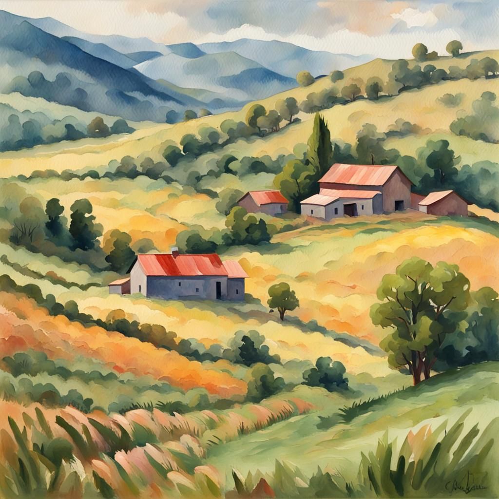 Farm Between Hills in Gouache Watercolor Style