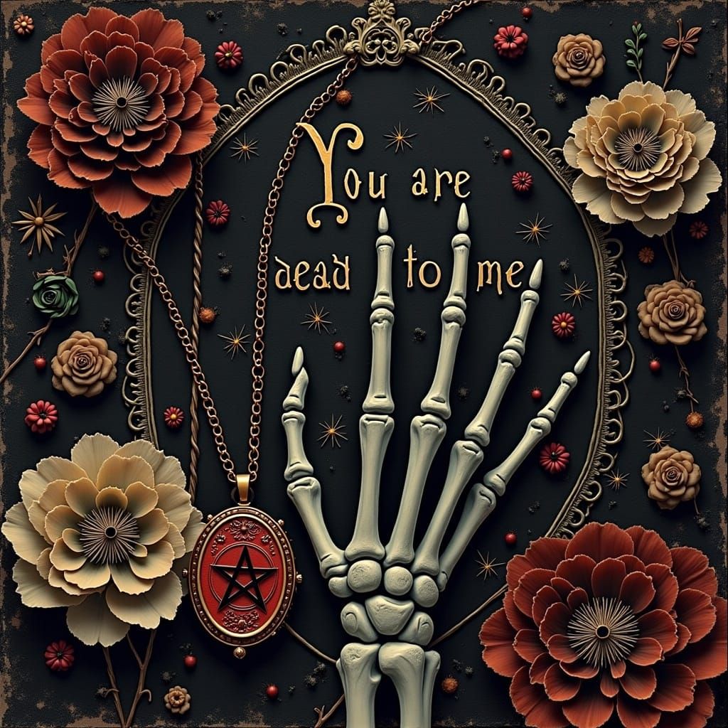 Dark Victorian Gothic Postcard with Dead Flowers and Bony Ha...