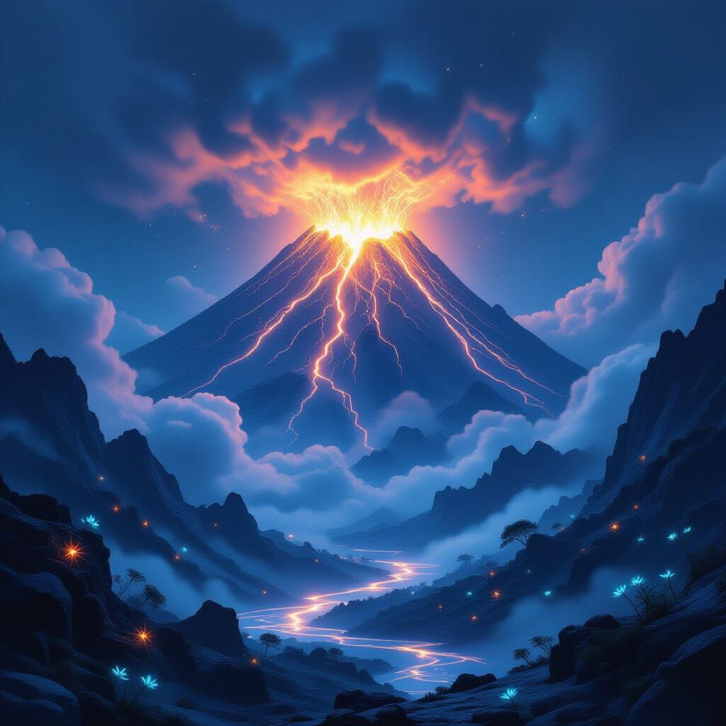 Ethereal Volcano Erupts Crystalline Lava in Misty Landscape