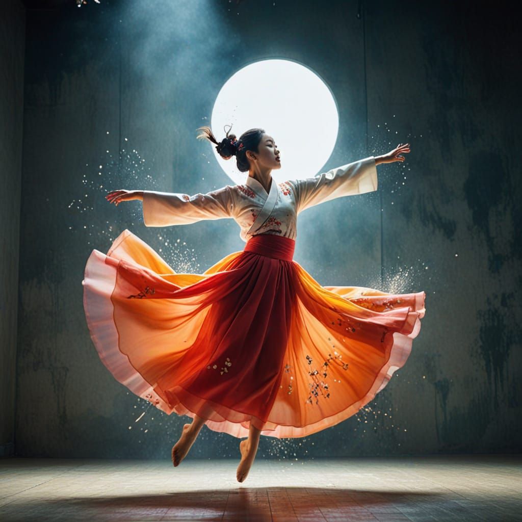 Korean Dancer Leaps in Splash Art Style