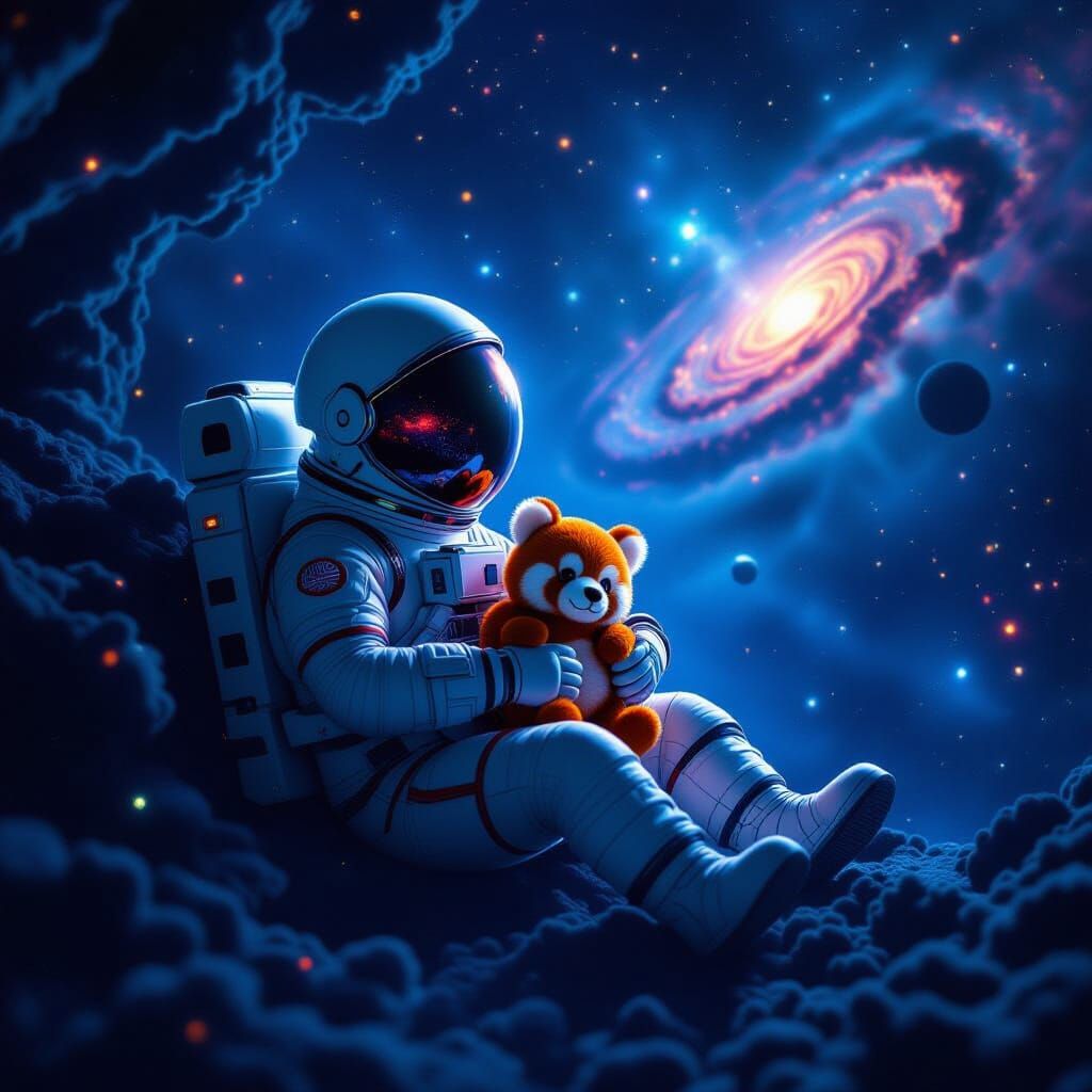 Astronaut Adrift With Red Panda Plush in Cosmic Void