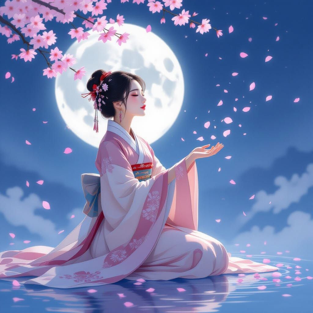 Korean Woman in Hanbok with Cherry Blossoms in Watercolor