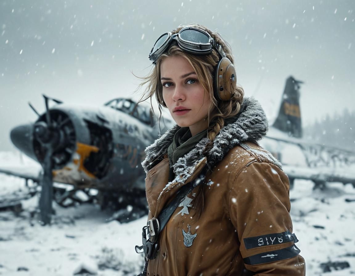 Gorgeous Blonde Pilot in Snowstorm, 1950s Fighter Plane