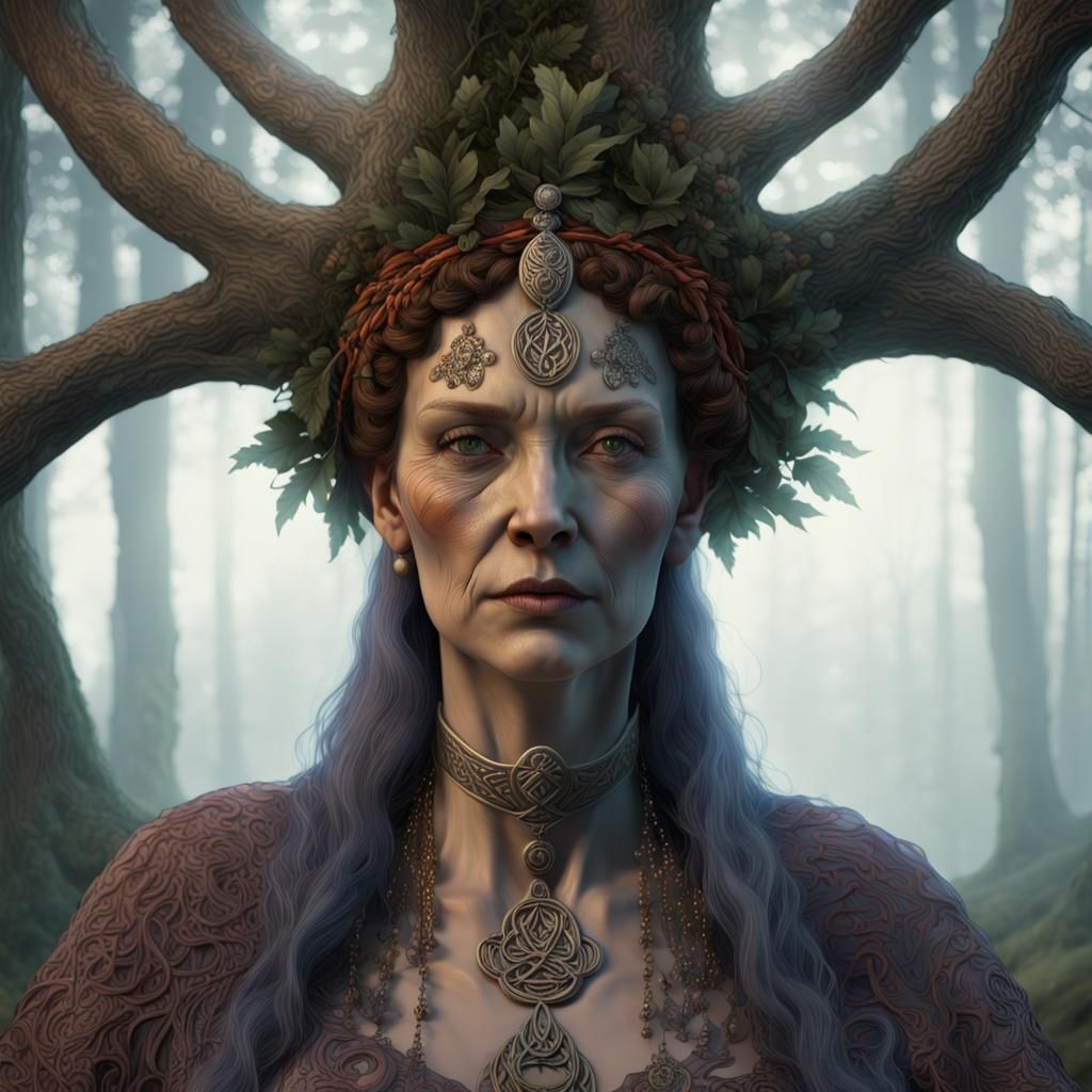 Celtic Dark Goddess of Nature: Detailed Polychromatic Portra...