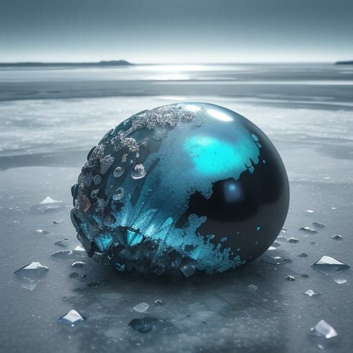 Frozen Beach Scene with Iridescent Ice and Delicate Crystals
