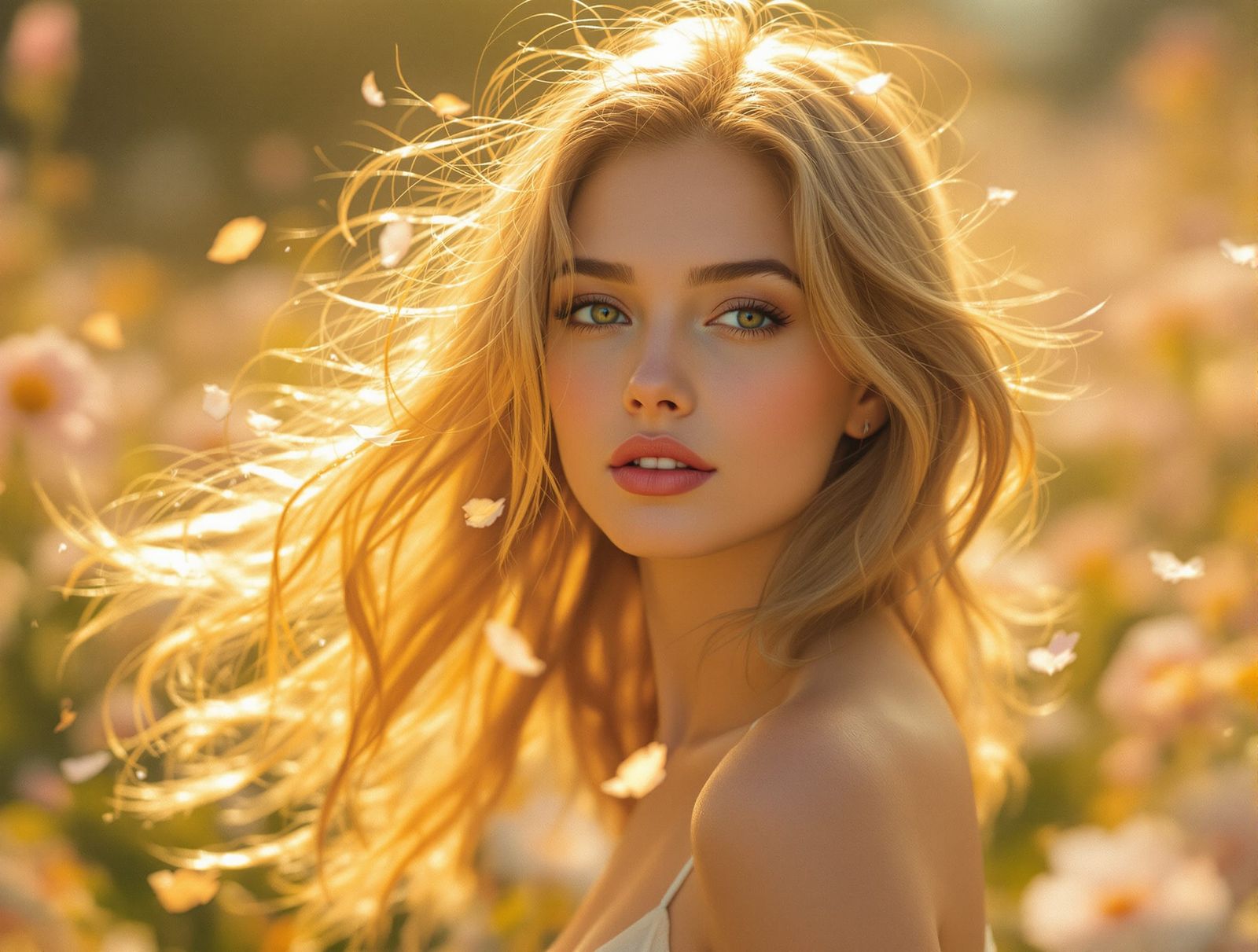 Radiant Woman in Blooming Garden, Golden Hour Cinematic