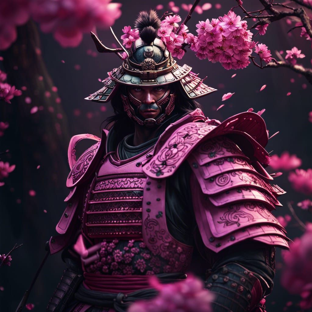 Pink Samurai with Blossoms: Dark Fantasy Art