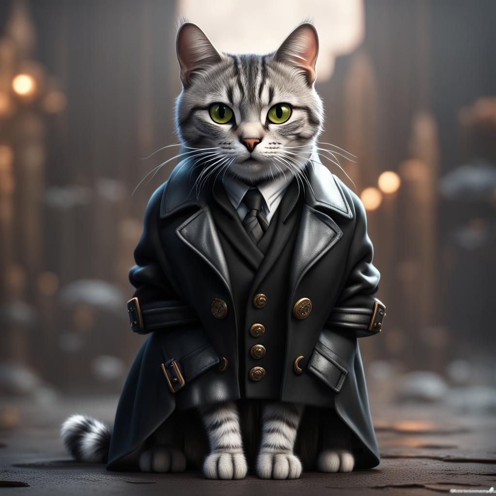 Bipedal Tabby Cat in Trench Coat: Fantasy Art