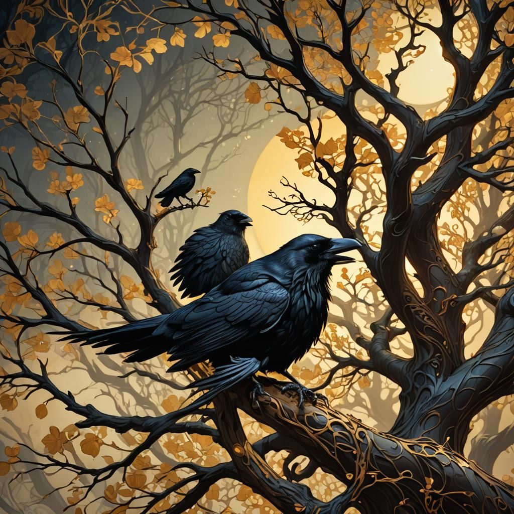 Crow on Golden Tree: Dark Fantasy Concept Art