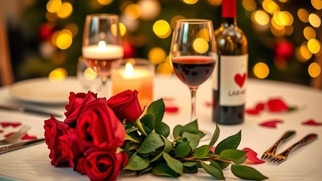 A Romantic Meal with Wine and a Bunch of Roses for or an Eng...