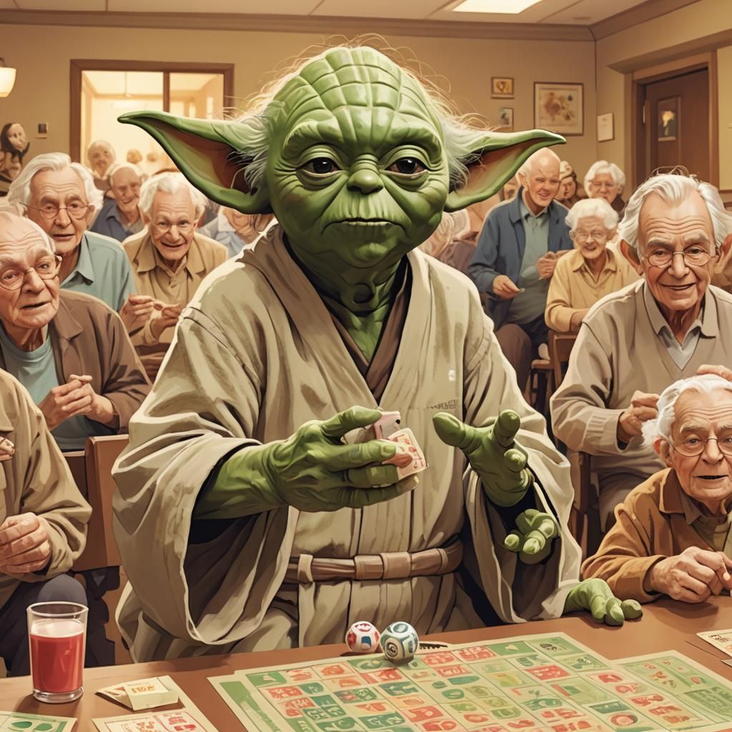 Yoda Plays Bingo: Whimsical Nursing Home Illustration