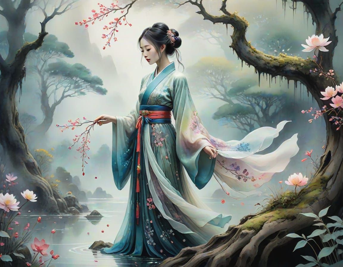 Surrealist Lady Picks Delicate Flower in Mystical Forest