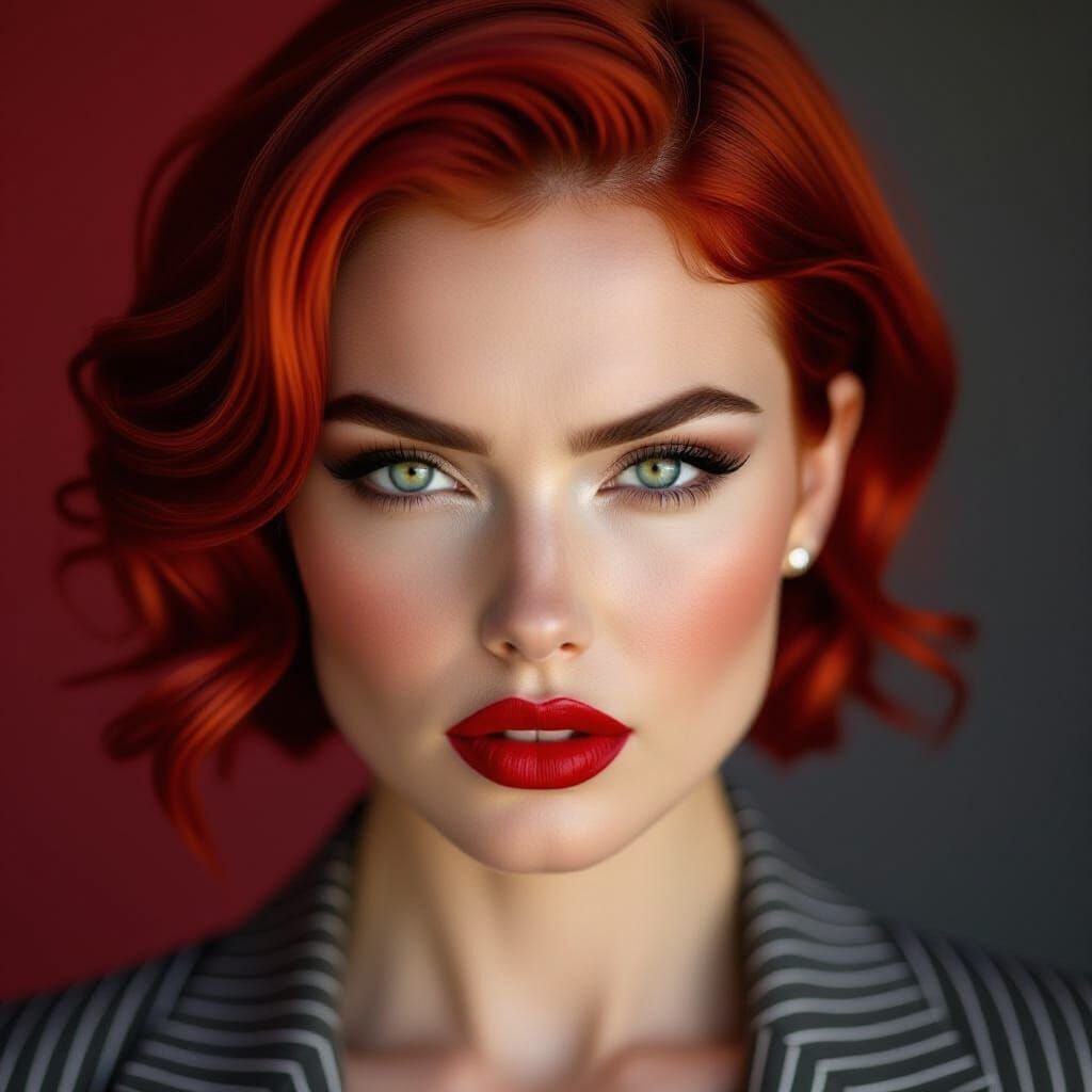 Defiant Woman with Red Hair and Bold Lipstick Portrait