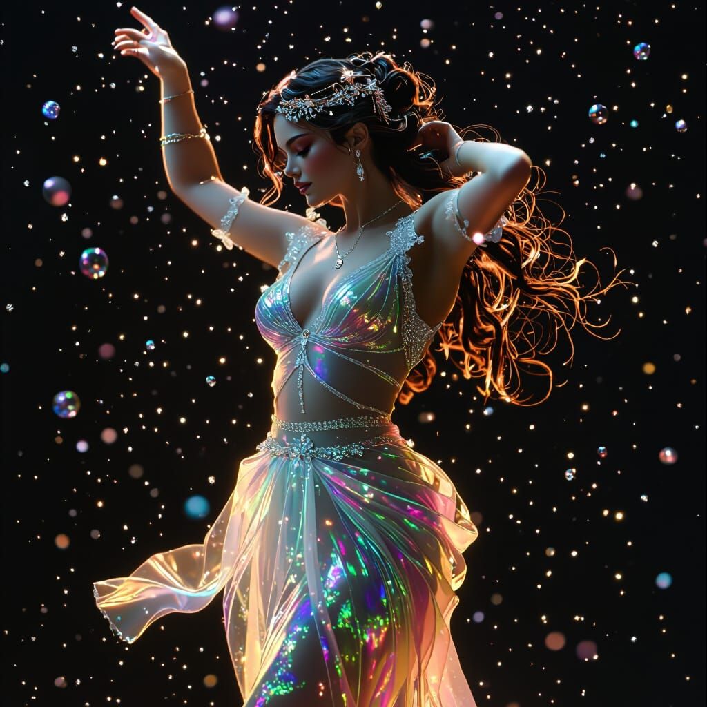 Celestial Woman in Iridescent Gown with Stardust