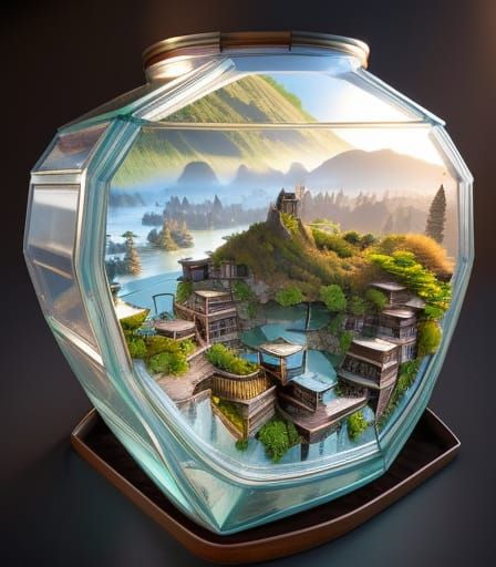 Fantasy City in Glass Jar: 3D Vray Render