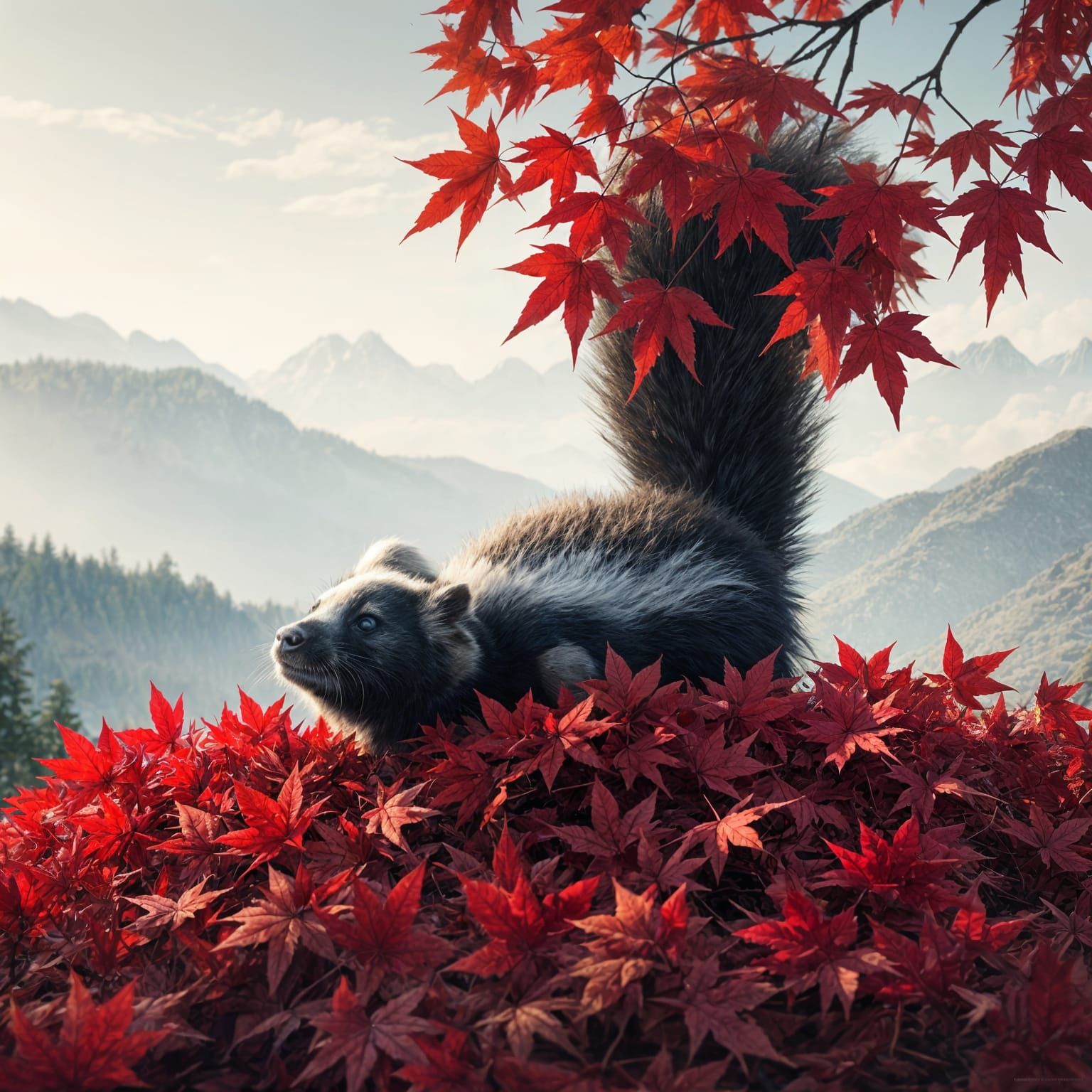 Skunk Plays in Red Maple Leaves, Dreamlike Mountain Landscap...