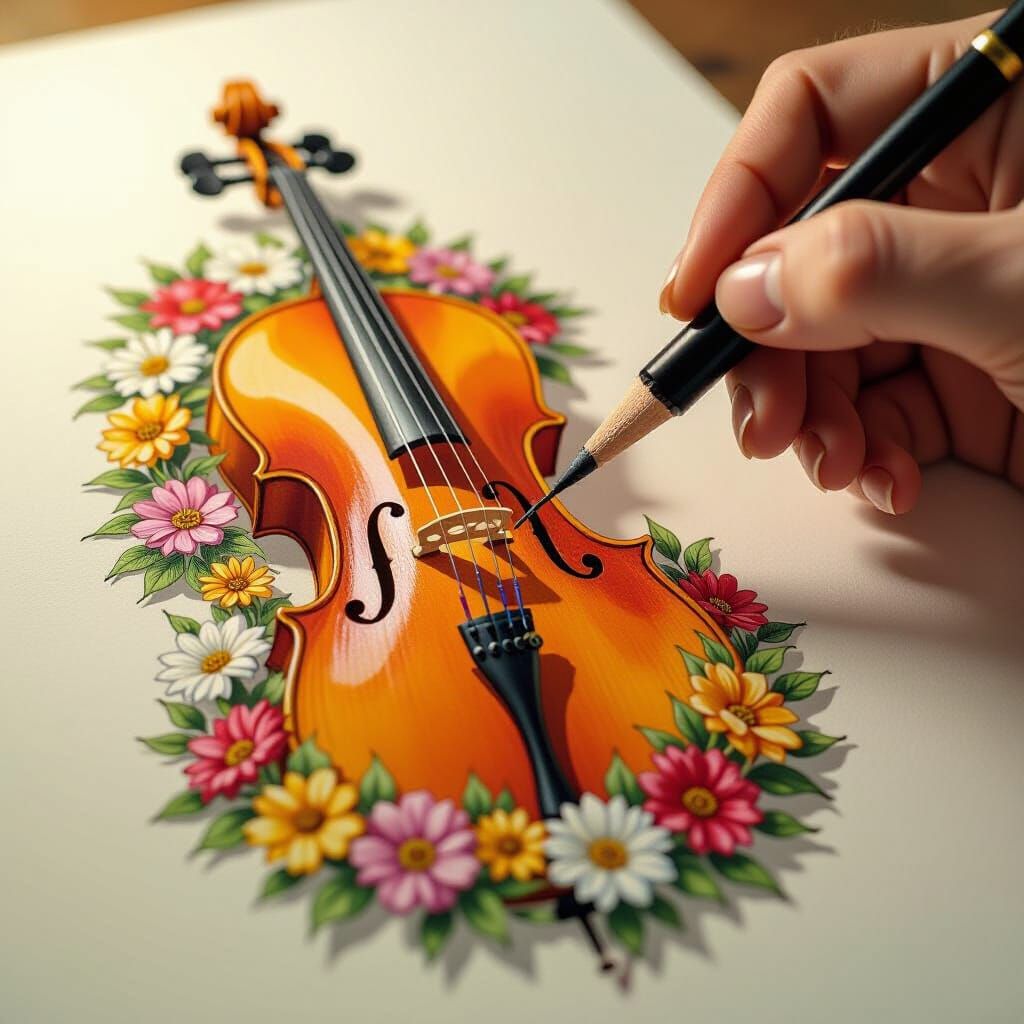 Pencil Draws Cello with Flowers in Toulouse Lautrec Style
