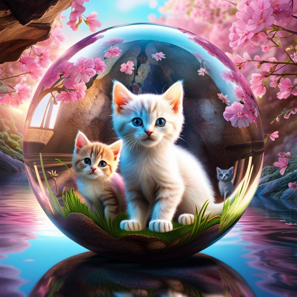 Kittens in Glass Sphere with Blossoms
