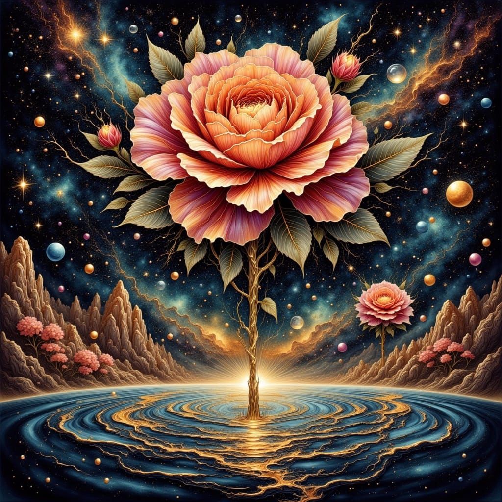 Cosmic Rose in Space, Hyperrealistic Watercolor Art