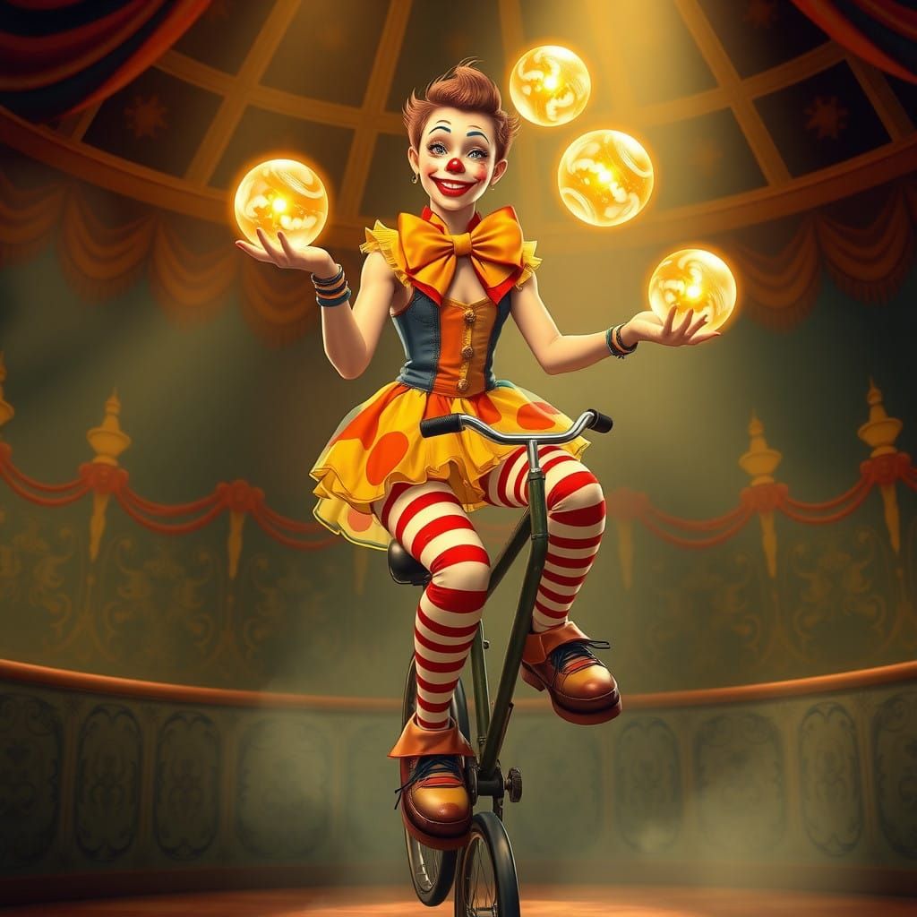 Playful Steampunk Circus Performer in Mini-Dress and Oversiz...