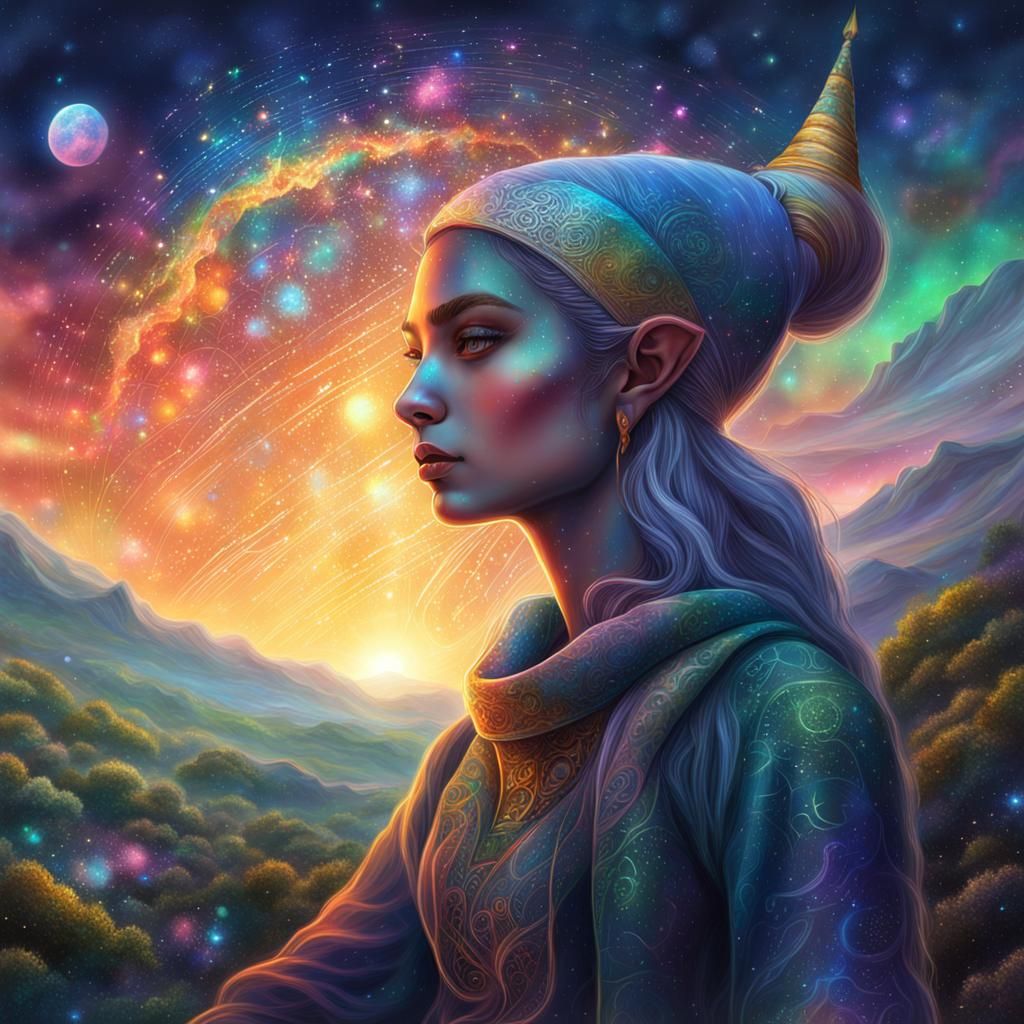 Elf Paints Sky with Words: Cosmic Illustration