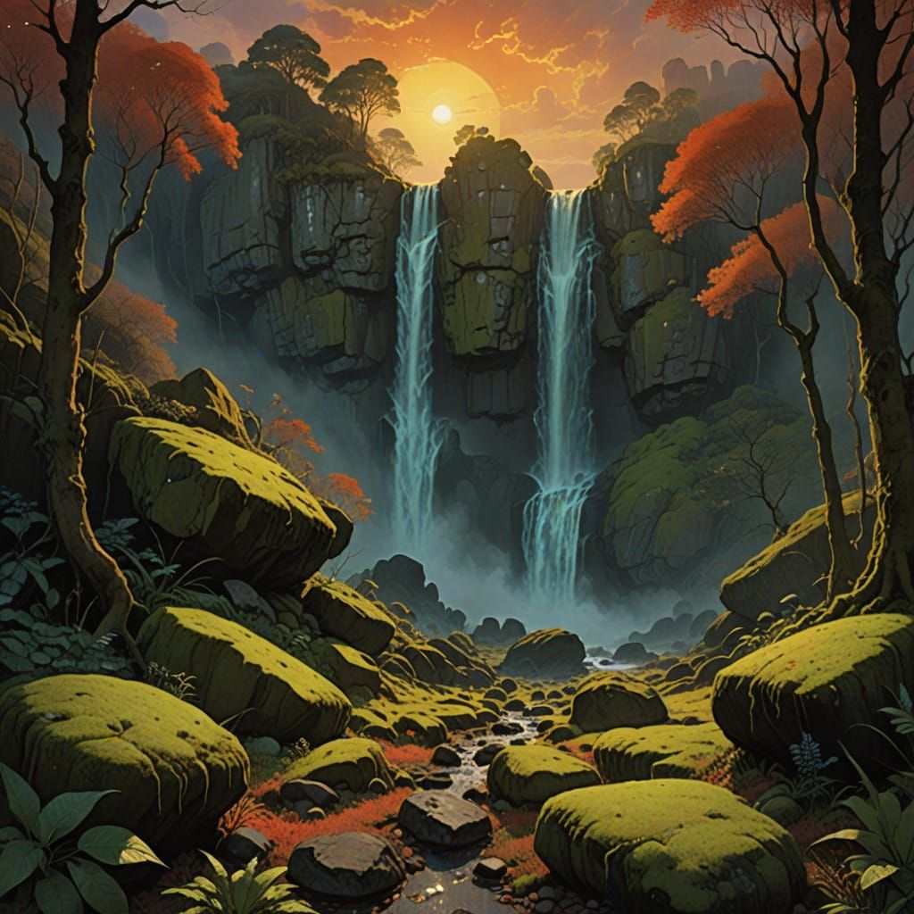 Dreamlike Waterfall Scene in Vibrant, Golden Light
