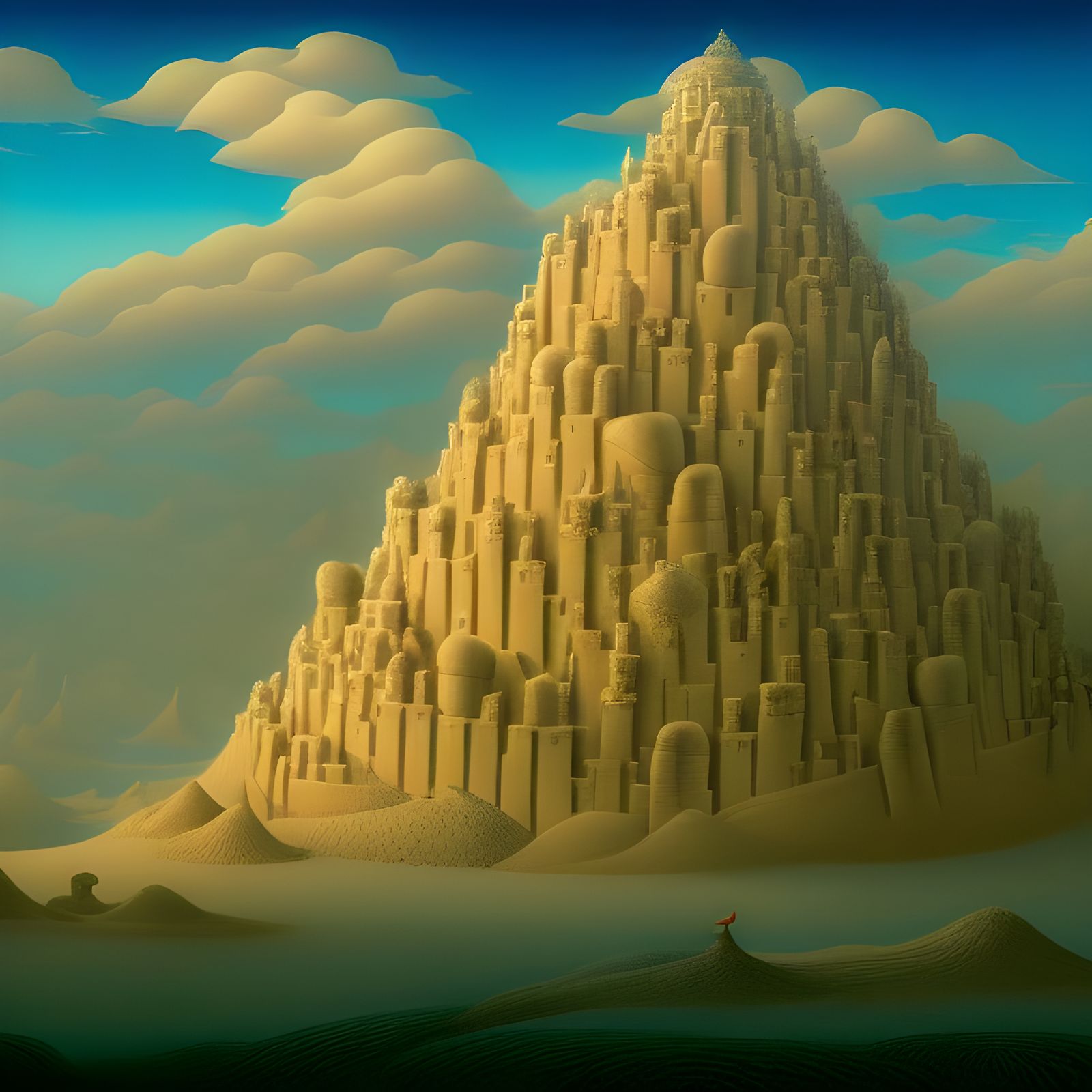 Surreal Sandcastle in Endless Forest: 3D Rendered Landscape