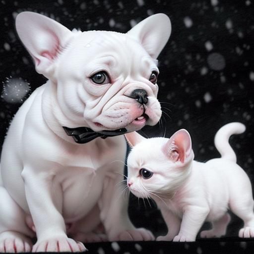 French Bulldog and Kitten: Black and White Ink Drawing