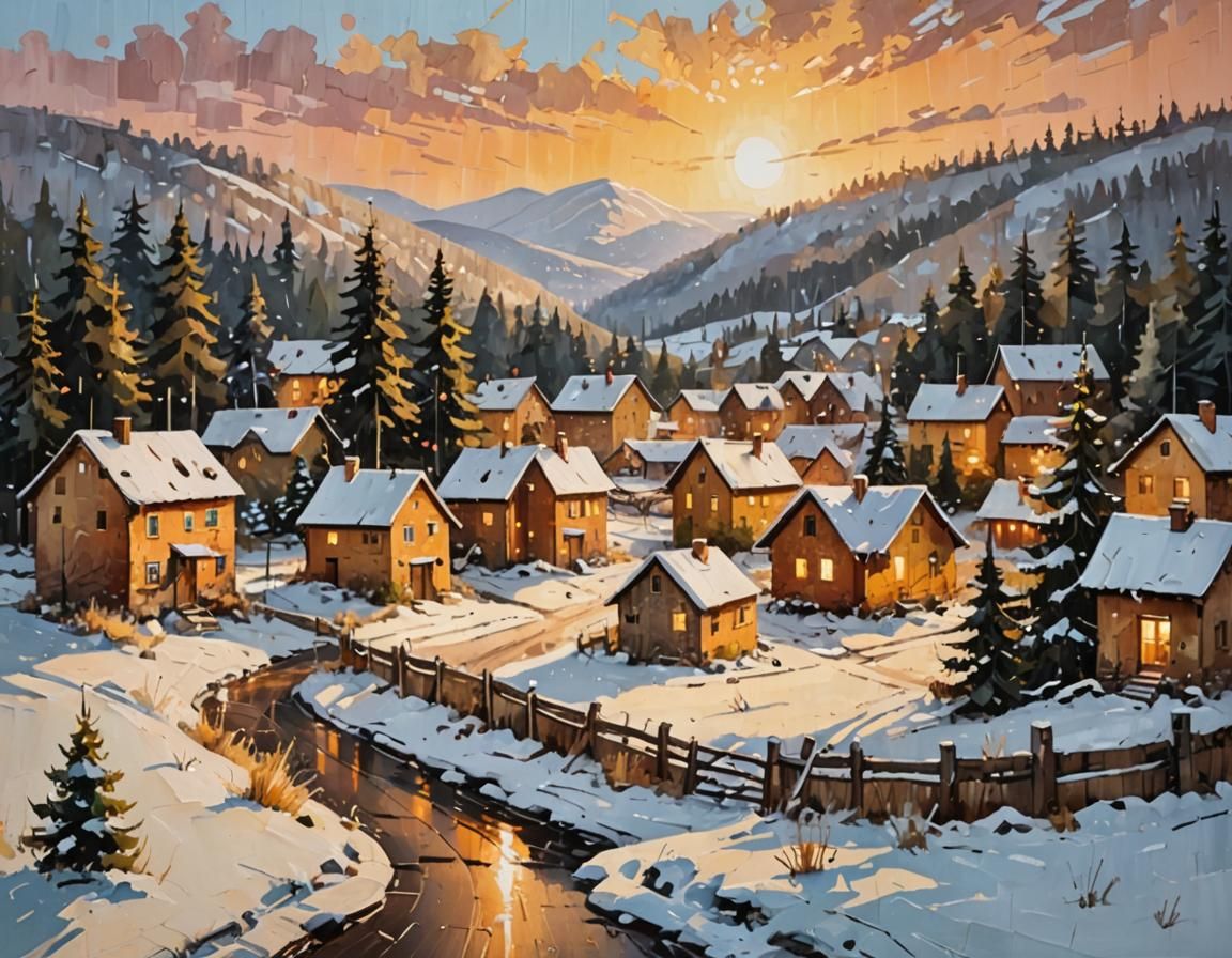 Winter Village Snowfall Acrylic Painting