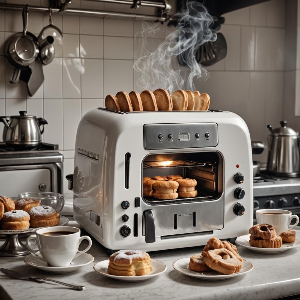 Retro Kitchen Still Life: Toaster, Coffee, and Pastries