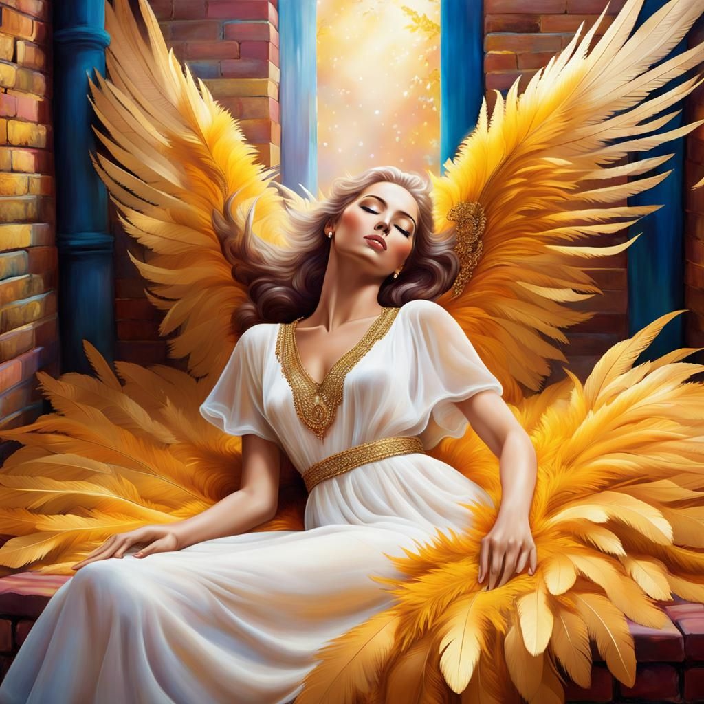 Serene Angelic Woman on Golden Feathers