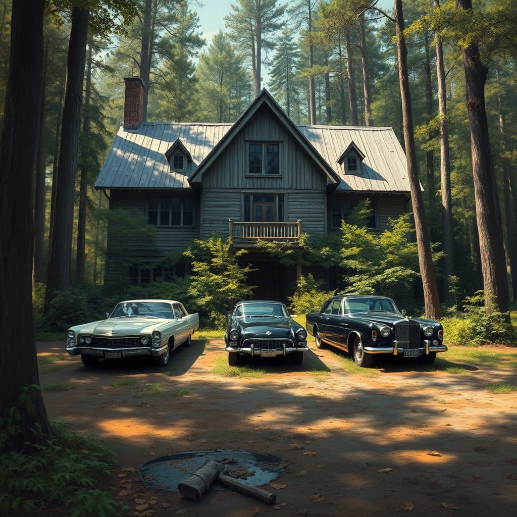 Decrepit Mafia Timber House with Vintage Luxury Cars