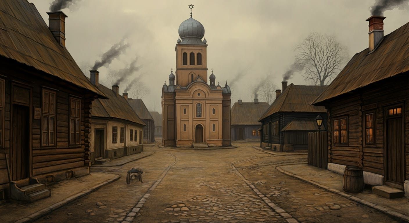 Nostalgic Illustration of 19th-Century Jewish Shtetl