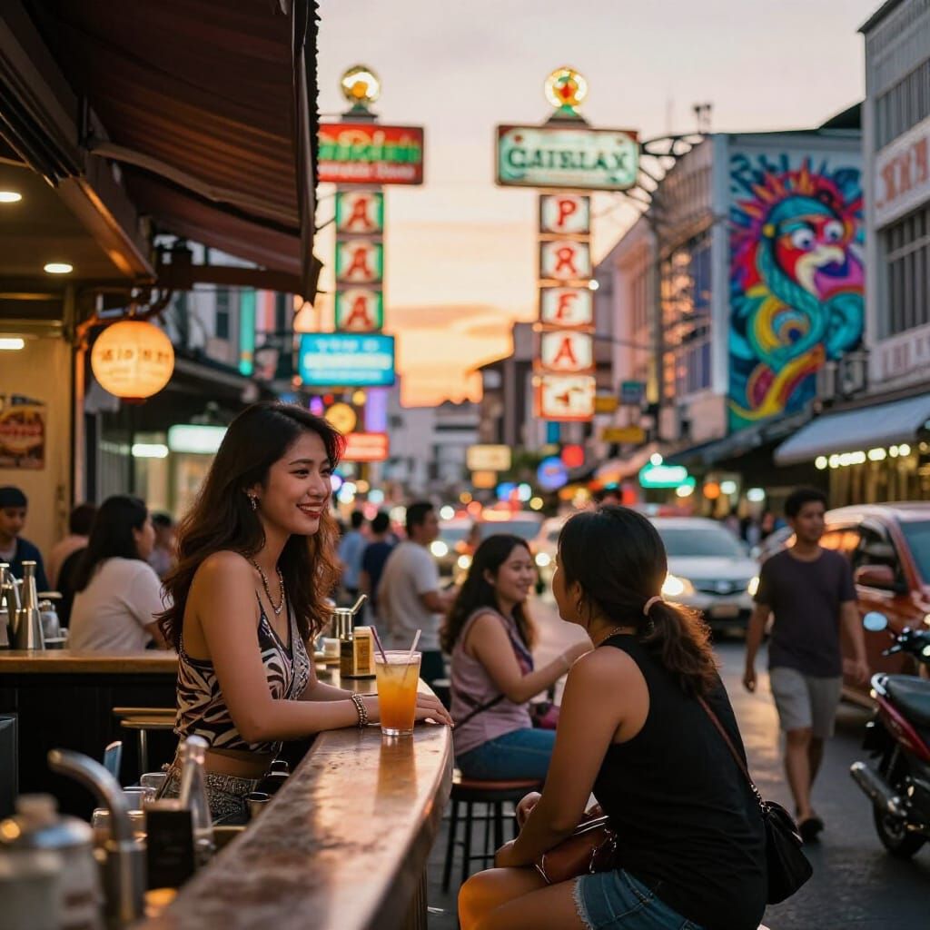Vibrant Pattaya Street Scene with Smiling Bar Girl at Sunset