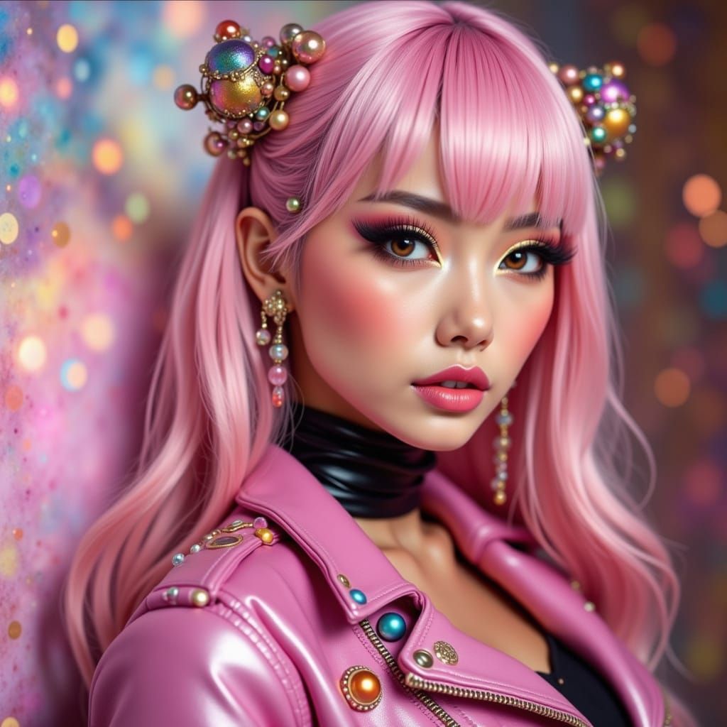 Striking Chinese Woman with Pink Hair and Leather Jacket