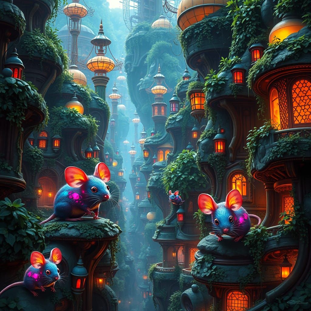 Surreal Solarpunk Mice in Lush, Verdant Cityscape
