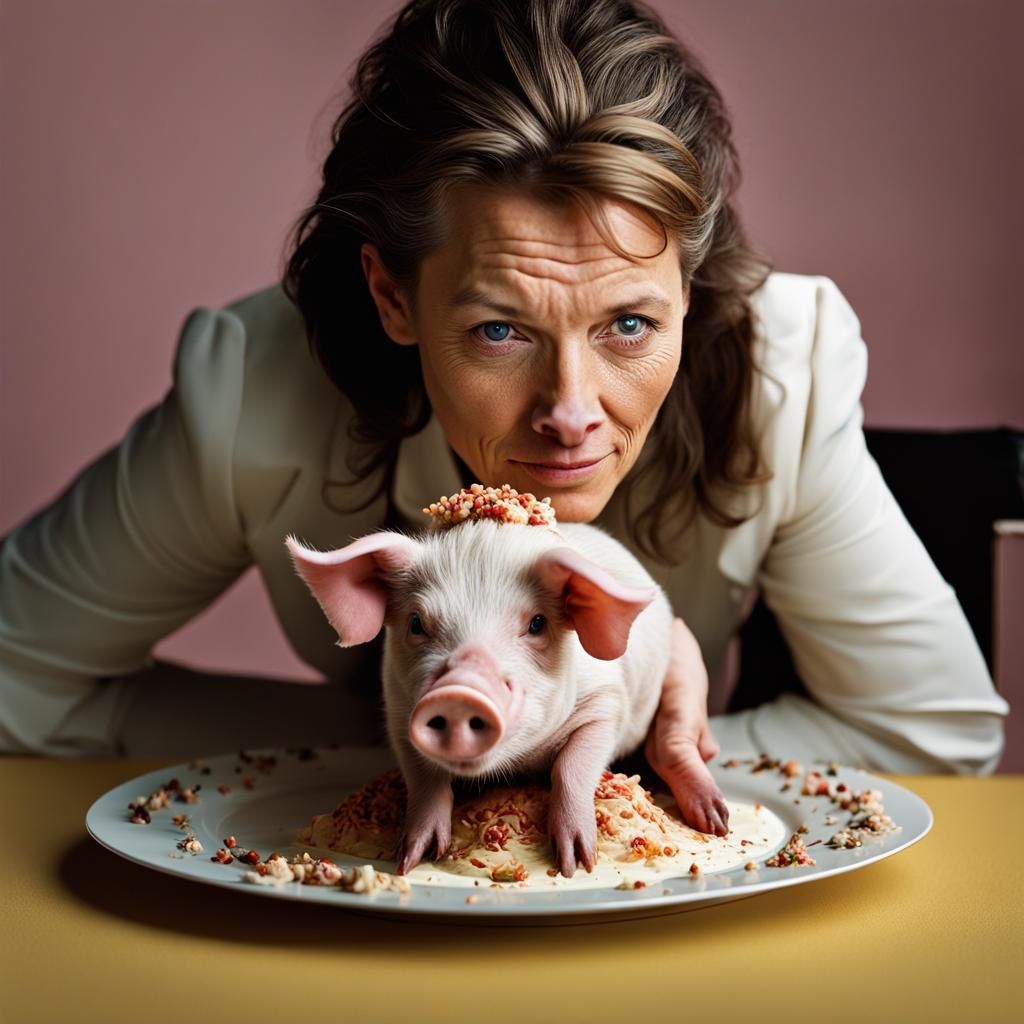 Woman-Pig Hybrid Eats Cake: Professional Studio Portrait