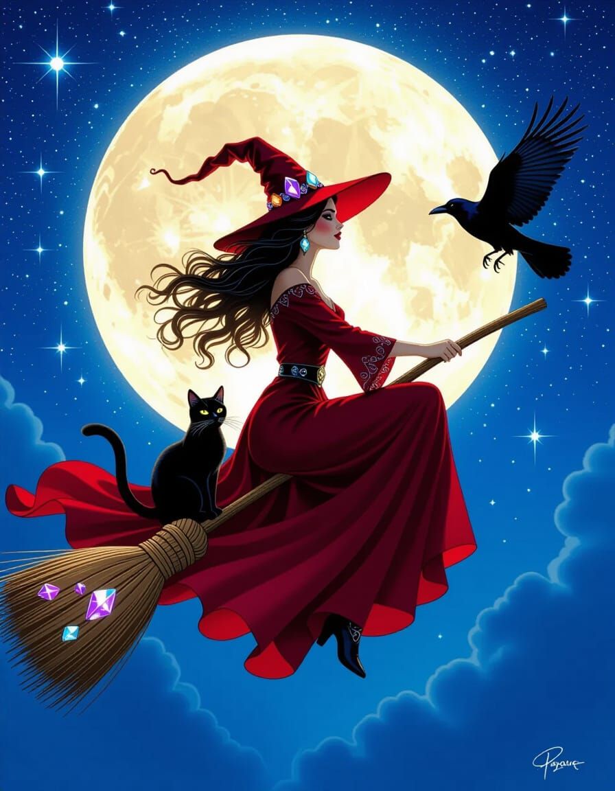 Witch Rides Broomstick Under Mystical Moon with Animals