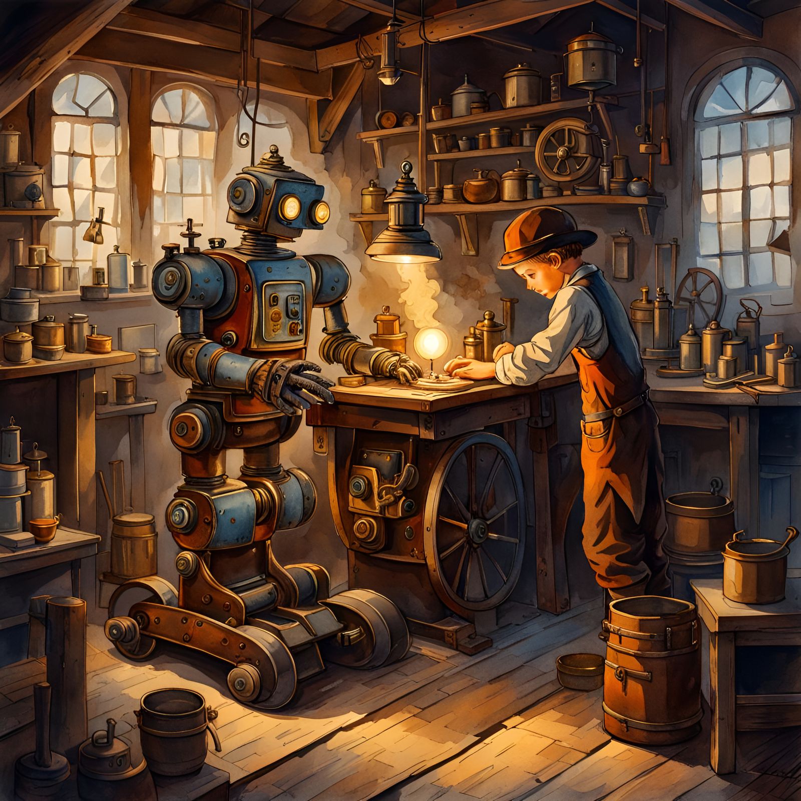 Robot and Boy in Steampunk Workshop, Watercolor Illustration