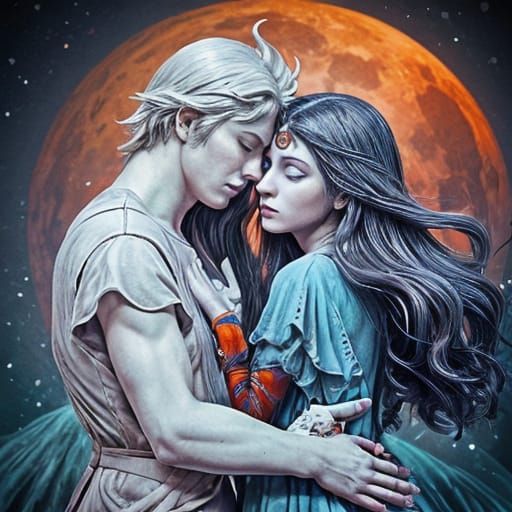 Surreal Moonlit Lovers in a Melancholic Atmosphere