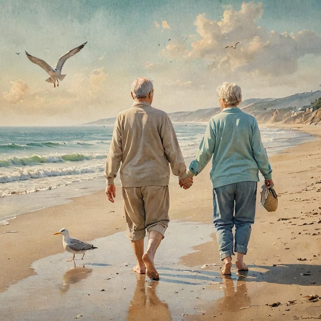 Elderly Couple Holding Hands: Watercolor Impression