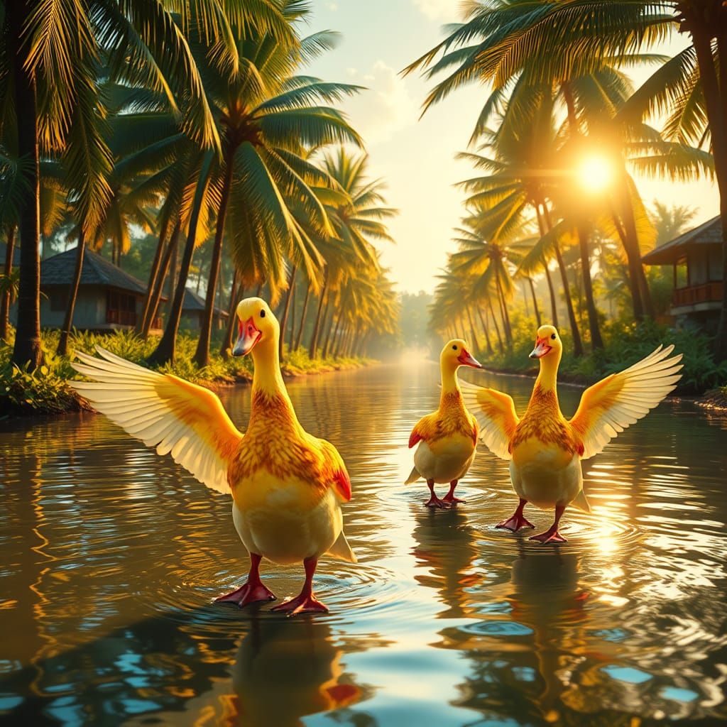 Iridescent Ducks Dancing on Paddy Water Canal