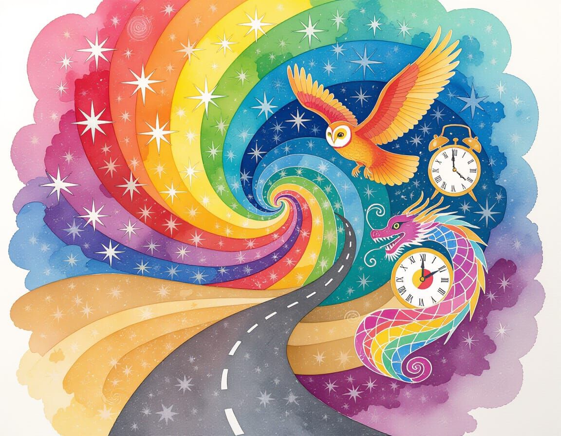 Wet-on-Wet Watercolour Path of Stars with Owl and Dragon