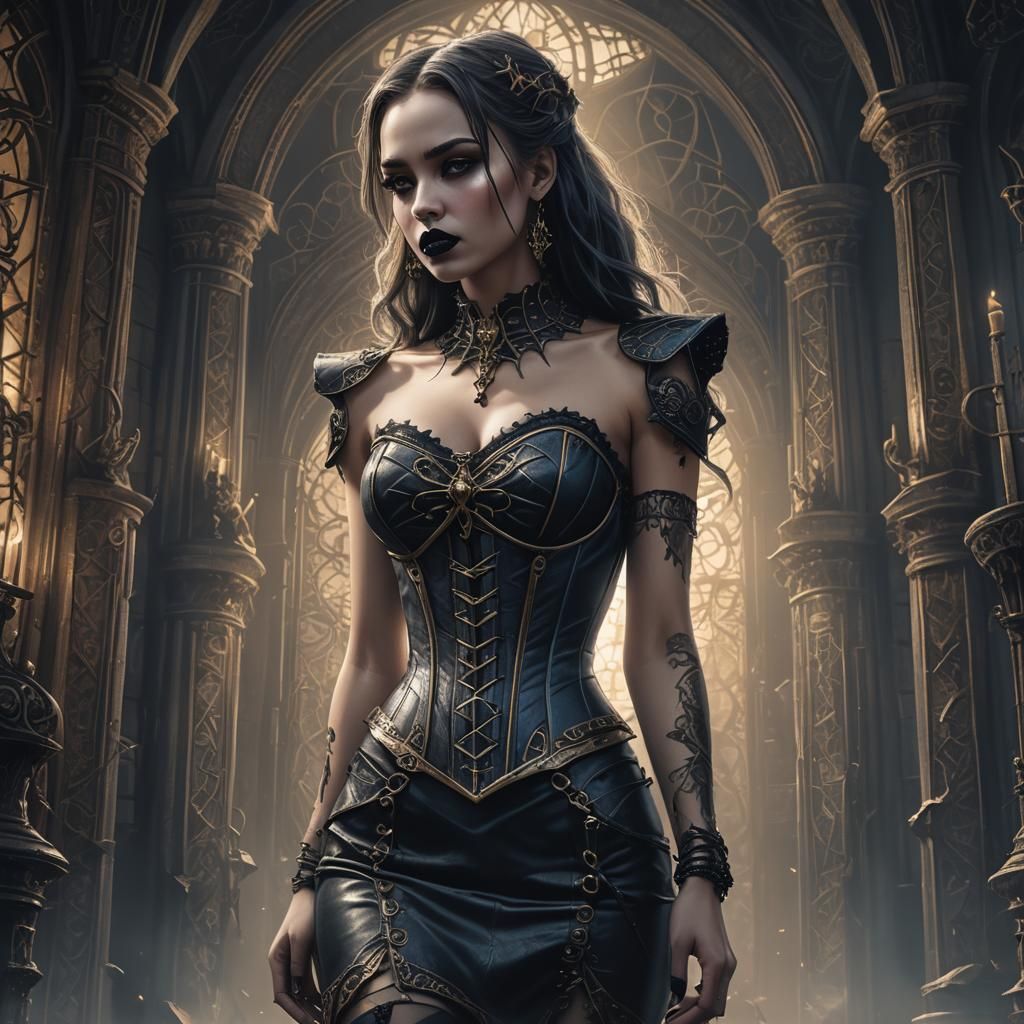 Gothic Vampire in Corset Dress: Digital Pencil Sketch