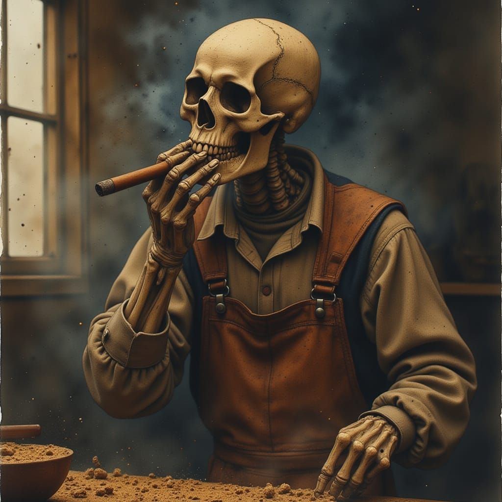Skeleton Carpenter Smoking Cigar in Dusty Workshop