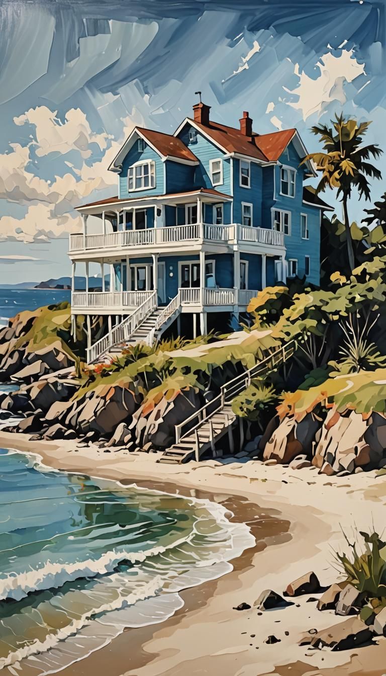 Seaside Beach House in Alcohol Ink Style