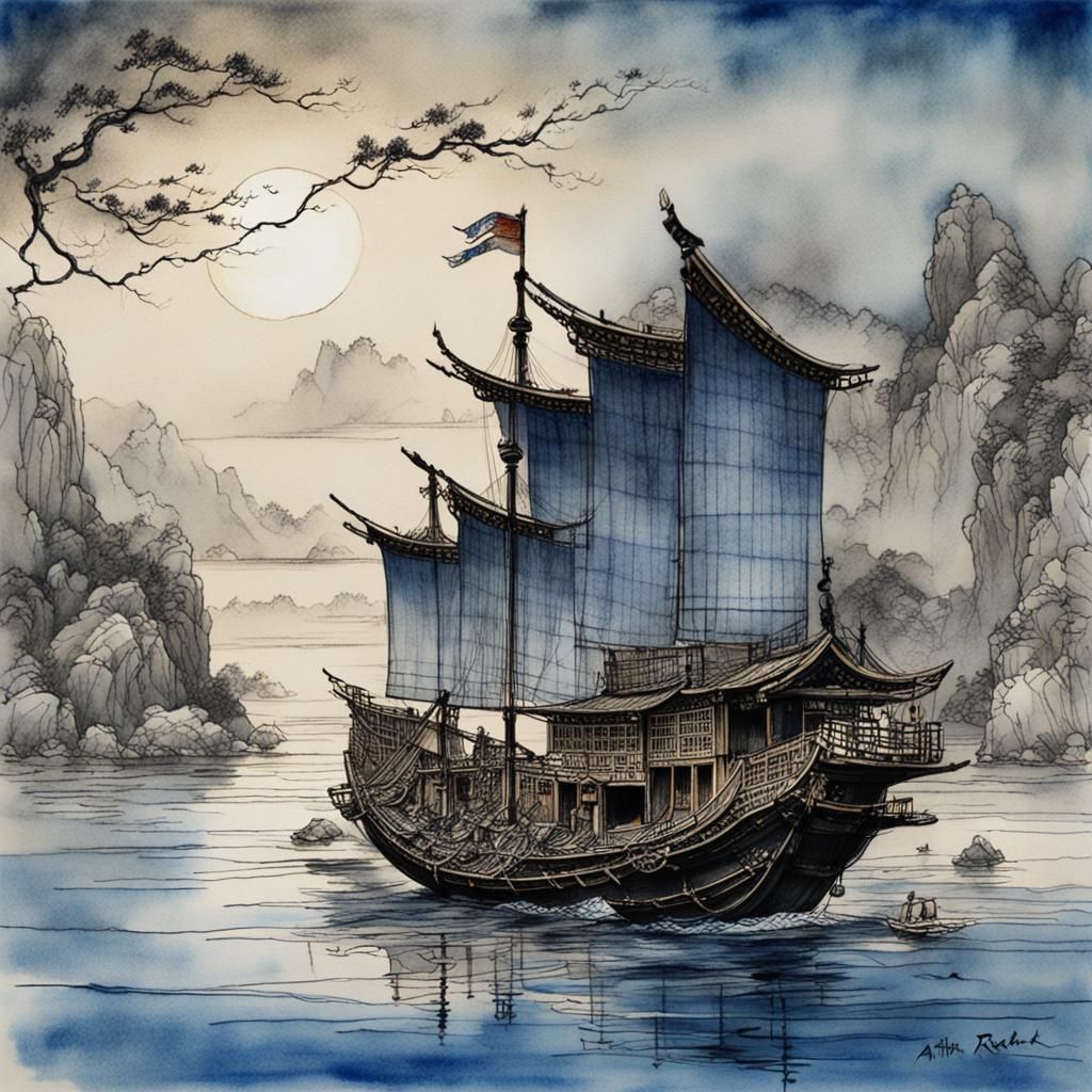 Chinese Junk Ship in Pen and Ink Drawing