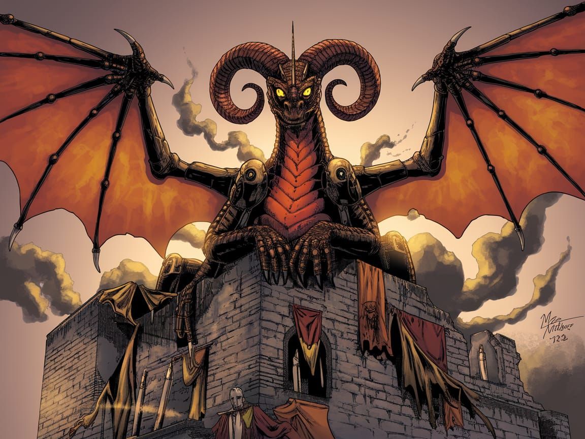 Glowing Mechanical Dragon Amidst Medieval Ruins