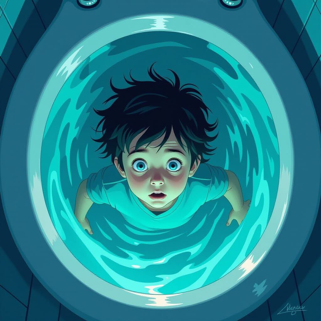 Child Swallowed by Toilet Vortex in Dark Fantasy Style
